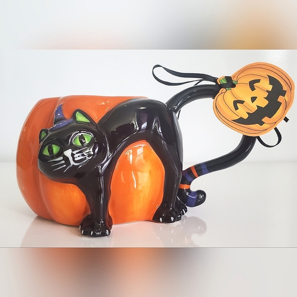 Blue Sky Clayworks Halloween 3D Cat Pumpkin Coffee Mug 16oz NWT Collectible - Picture 2 of 12